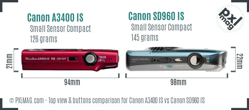 Canon A3400 IS vs Canon SD960 IS top view buttons comparison Canon A3400 IS vs Canon SD960 IS top view buttons comparison