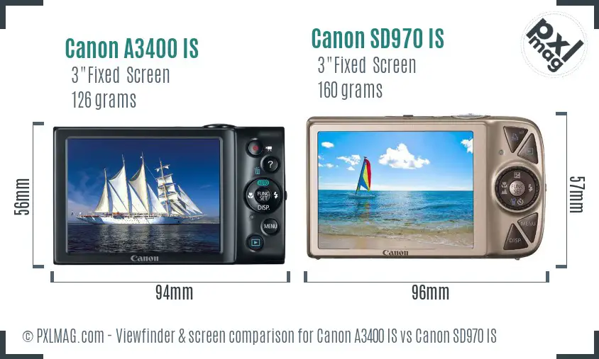 Canon A3400 IS vs Canon SD970 IS Screen and Viewfinder comparison