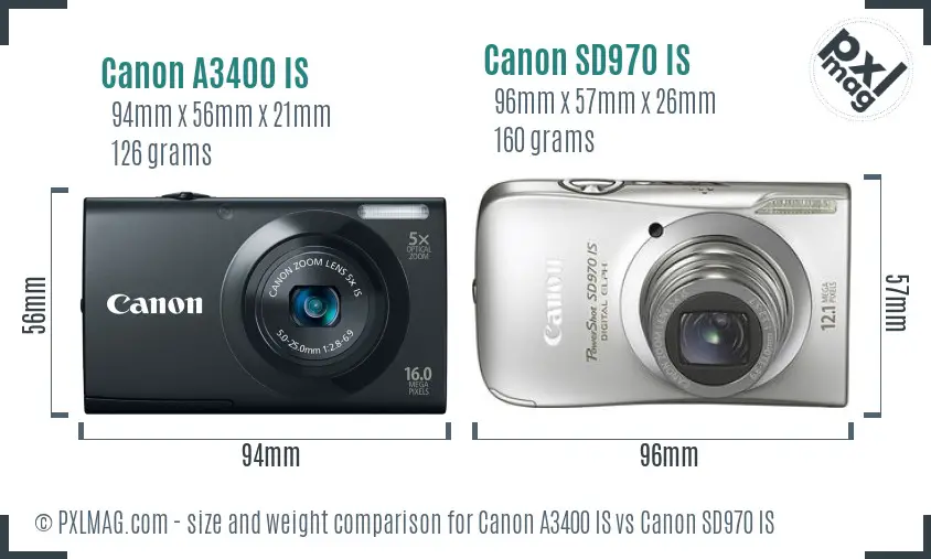 Canon A3400 IS vs Canon SD970 IS size comparison