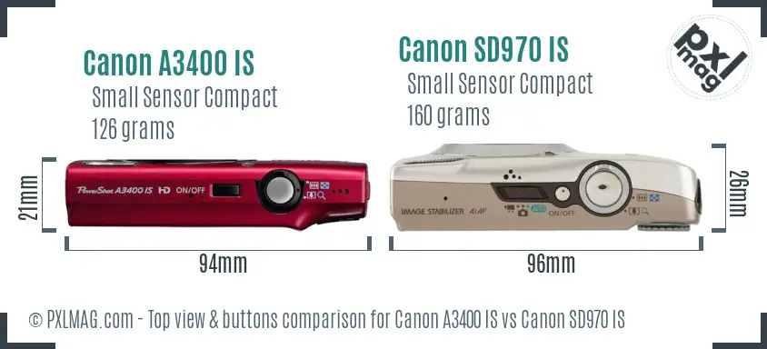 Canon A3400 IS vs Canon SD970 IS top view buttons comparison