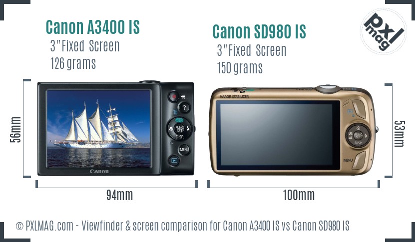 Canon A3400 IS vs Canon SD980 IS Screen and Viewfinder comparison