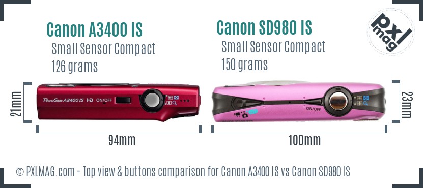 Canon A3400 IS vs Canon SD980 IS top view buttons comparison