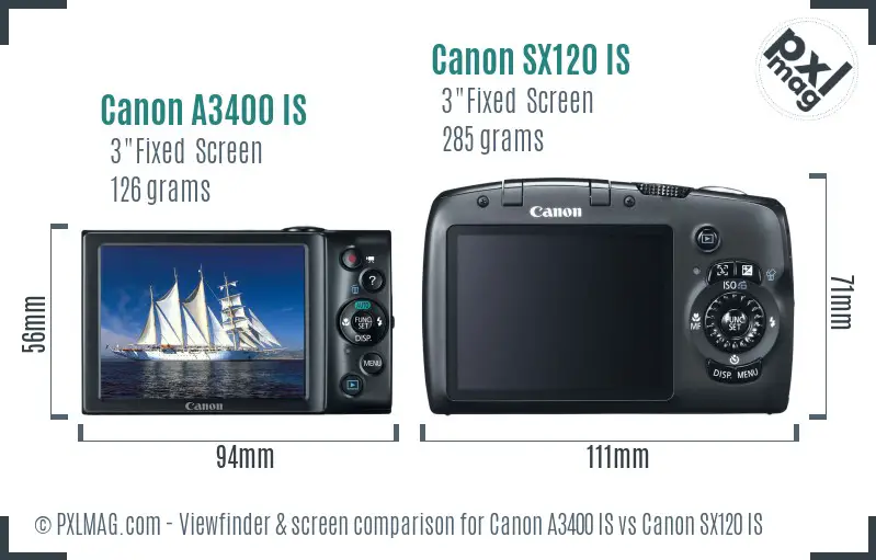 Canon A3400 IS vs Canon SX120 IS Screen and Viewfinder comparison