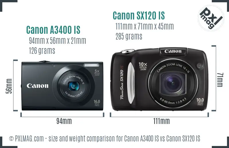Canon A3400 IS vs Canon SX120 IS size comparison
