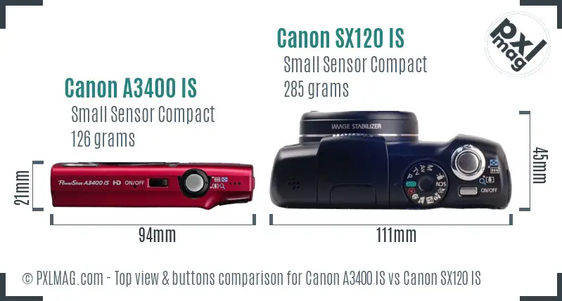 Canon A3400 IS vs Canon SX120 IS top view buttons comparison