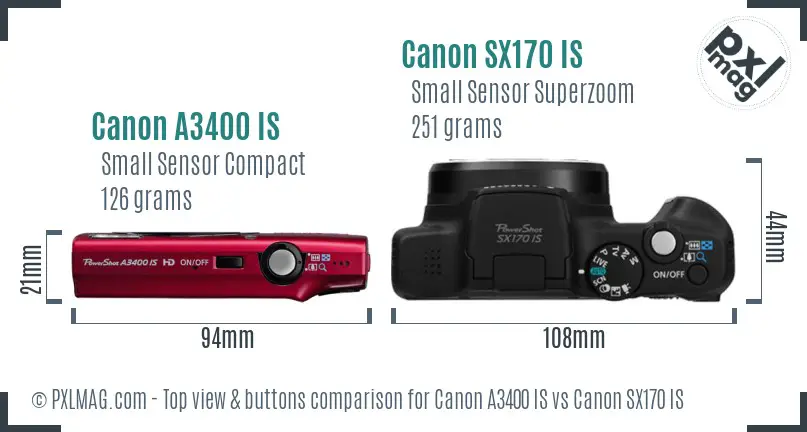 Canon A3400 IS vs Canon SX170 IS top view buttons comparison