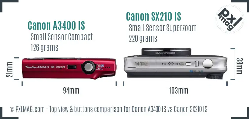 Canon A3400 IS vs Canon SX210 IS top view buttons comparison Canon A3400 IS vs Canon SX210 IS top view buttons comparison
