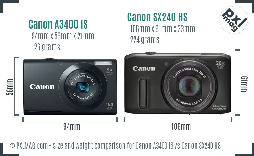 Canon A3400 IS vs Canon SX240 HS size comparison