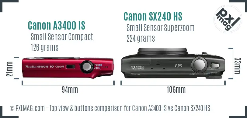 Canon A3400 IS vs Canon SX240 HS top view buttons comparison