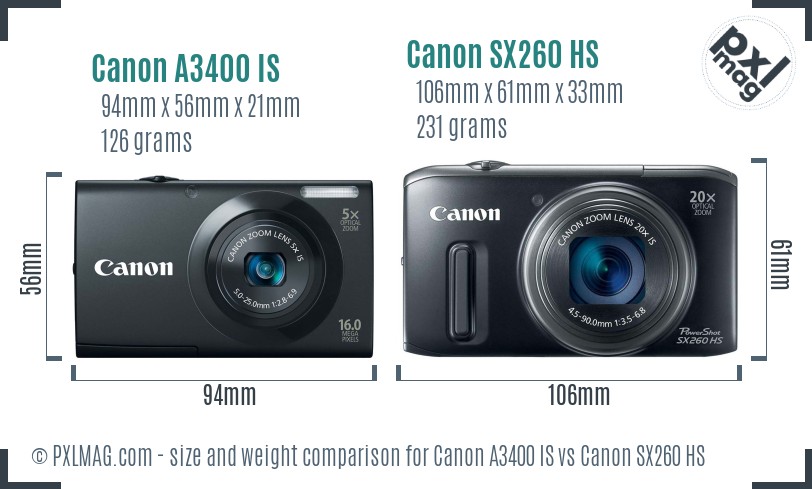 Canon A3400 IS vs Canon SX260 HS size comparison