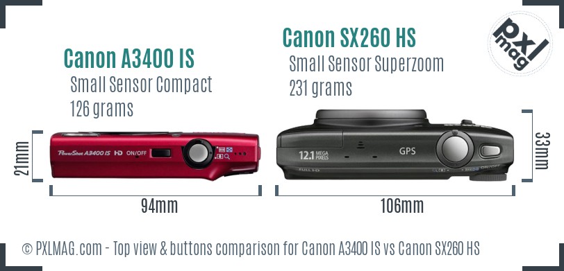 Canon A3400 IS vs Canon SX260 HS top view buttons comparison
