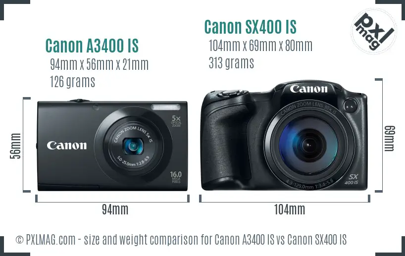 Canon A3400 IS vs Canon SX400 IS size comparison Canon A3400 IS vs Canon SX400 IS size comparison