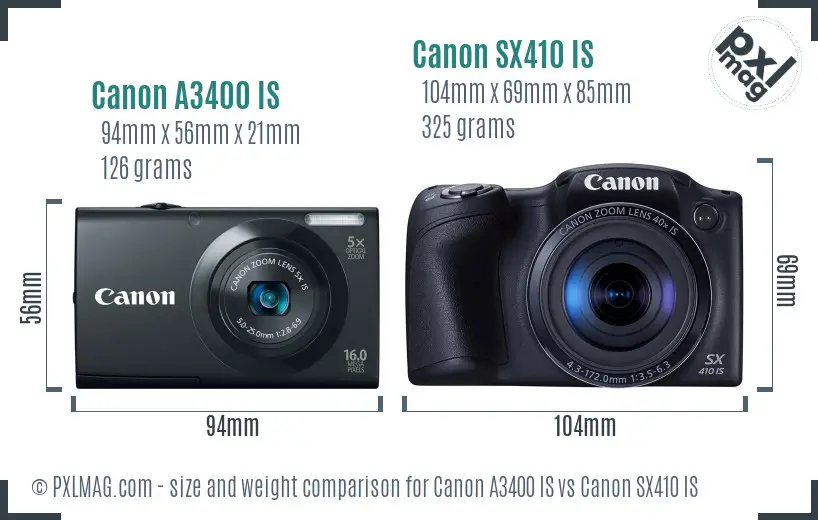 Canon A3400 IS vs Canon SX410 IS size comparison