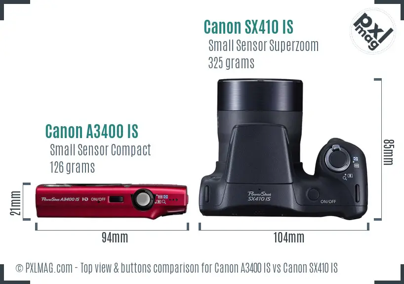 Canon A3400 IS vs Canon SX410 IS top view buttons comparison
