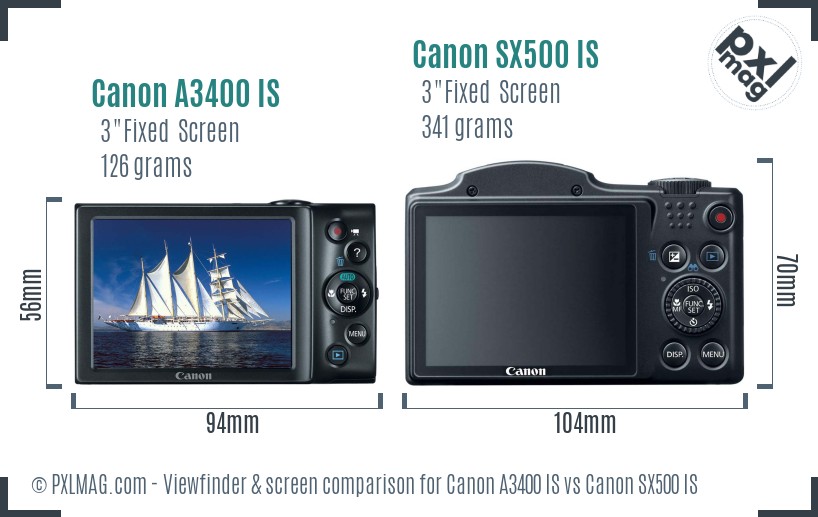 Canon A3400 IS vs Canon SX500 IS Screen and Viewfinder comparison