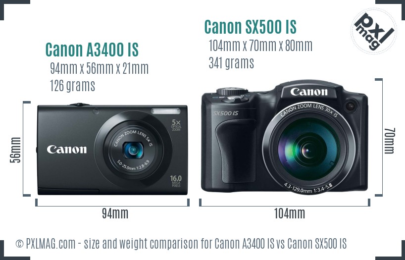 Canon A3400 IS vs Canon SX500 IS size comparison