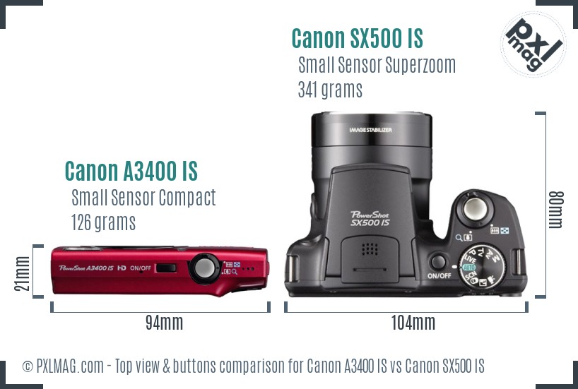 Canon A3400 IS vs Canon SX500 IS top view buttons comparison