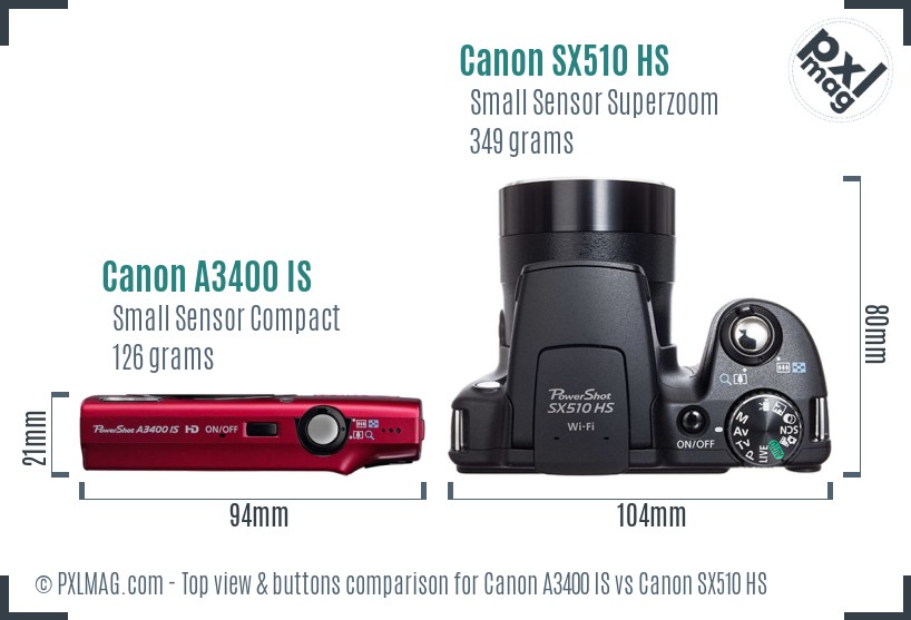 Canon A3400 IS vs Canon SX510 HS top view buttons comparison