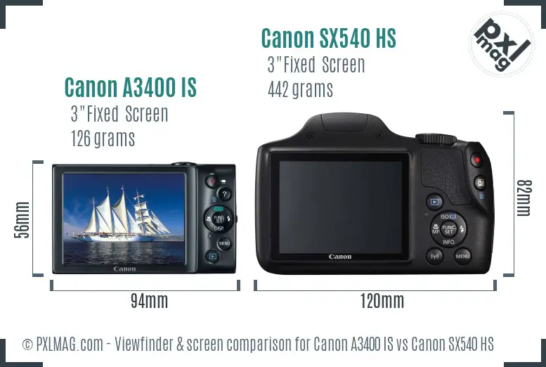 Canon A3400 IS vs Canon SX540 HS Screen and Viewfinder comparison