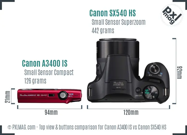 Canon A3400 IS vs Canon SX540 HS top view buttons comparison