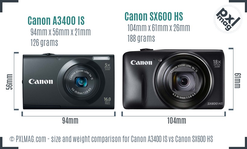 Canon A3400 IS vs Canon SX600 HS size comparison Canon A3400 IS vs Canon SX600 HS size comparison