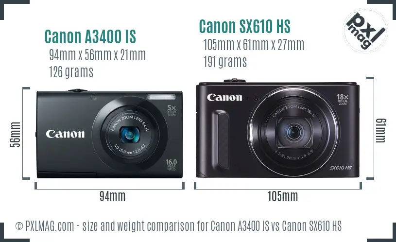 Canon A3400 IS vs Canon SX610 HS size comparison