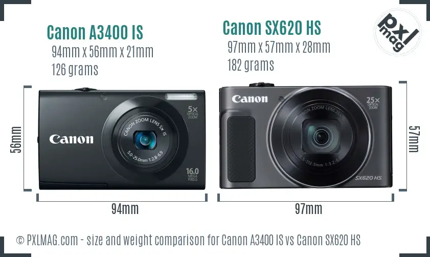 Canon A3400 IS vs Canon SX620 HS size comparison