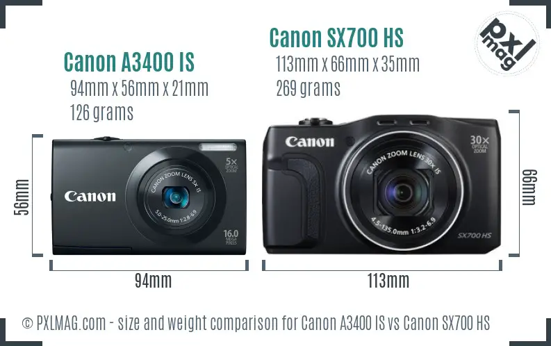Canon A3400 IS vs Canon SX700 HS size comparison