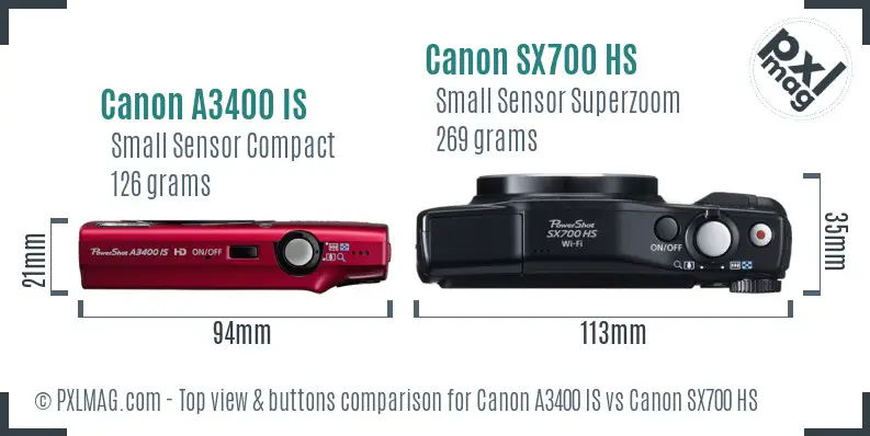 Canon A3400 IS vs Canon SX700 HS top view buttons comparison