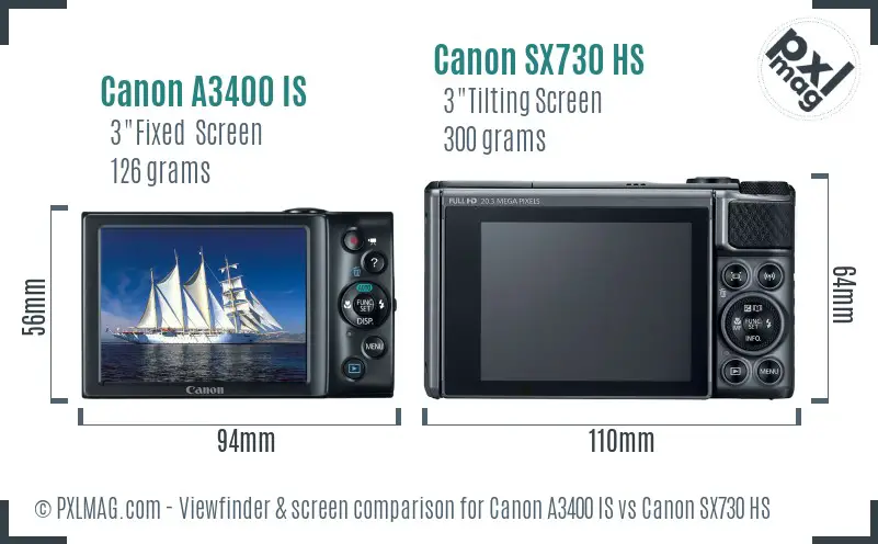 Canon A3400 IS vs Canon SX730 HS Screen and Viewfinder comparison
