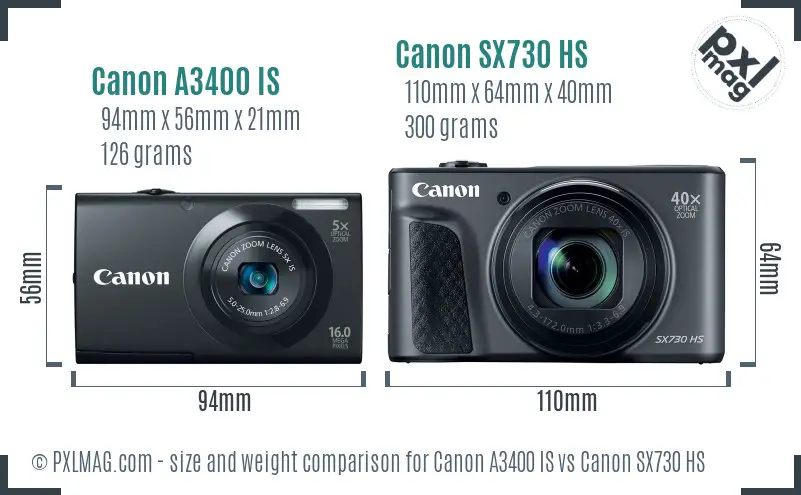 Canon A3400 IS vs Canon SX730 HS size comparison Canon A3400 IS vs Canon SX730 HS size comparison