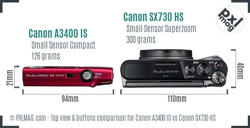 Canon A3400 IS vs Canon SX730 HS top view buttons comparison