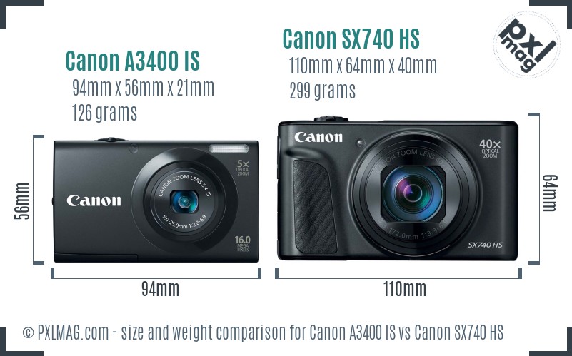 Canon A3400 IS vs Canon SX740 HS size comparison