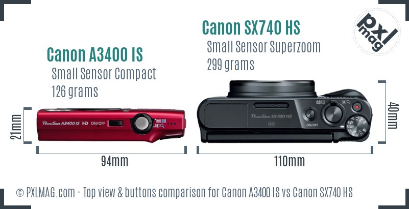 Canon A3400 IS vs Canon SX740 HS top view buttons comparison
