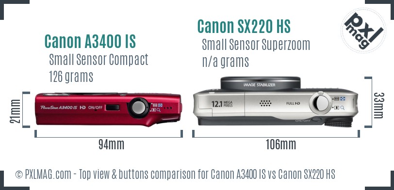 Canon A3400 IS vs Canon SX220 HS top view buttons comparison