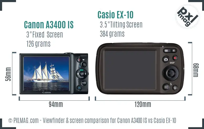 Canon A3400 IS vs Casio EX-10 Screen and Viewfinder comparison