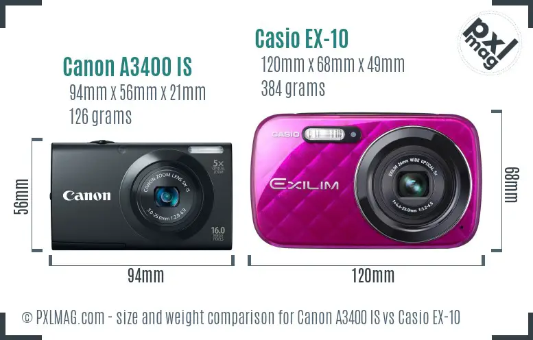 Canon A3400 IS vs Casio EX-10 size comparison