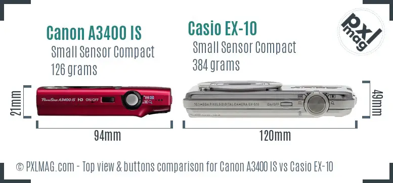 Canon A3400 IS vs Casio EX-10 top view buttons comparison