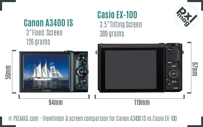 Canon A3400 IS vs Casio EX-100 Screen and Viewfinder comparison