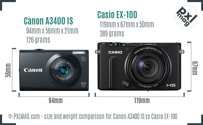 Canon A3400 IS vs Casio EX-100 size comparison Canon A3400 IS vs Casio EX-100 size comparison