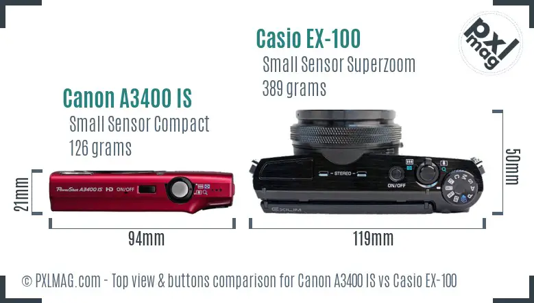 Canon A3400 IS vs Casio EX-100 top view buttons comparison
