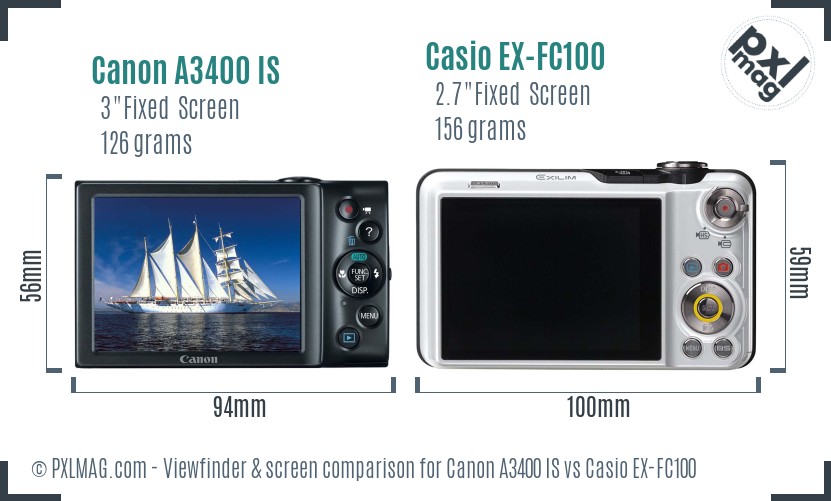 Canon A3400 IS vs Casio EX-FC100 Screen and Viewfinder comparison