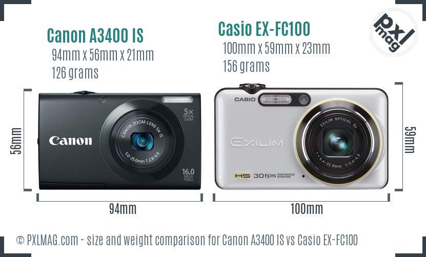 Canon A3400 IS vs Casio EX-FC100 size comparison Canon A3400 IS vs Casio EX-FC100 size comparison
