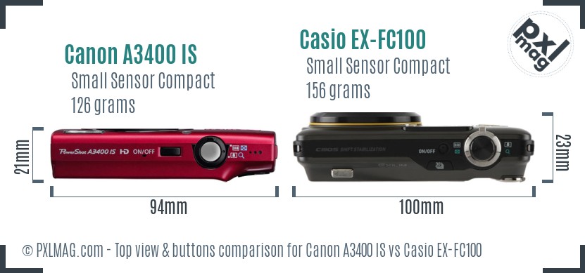 Canon A3400 IS vs Casio EX-FC100 top view buttons comparison