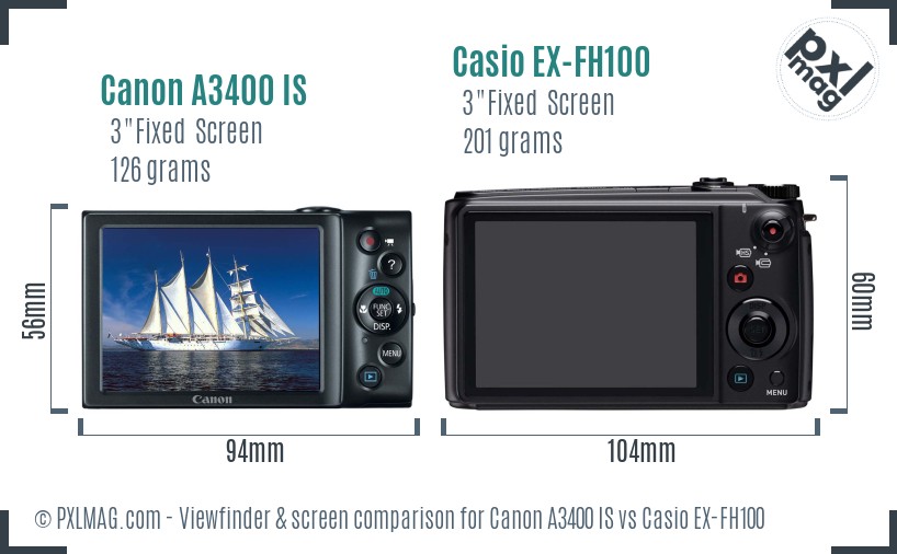 Canon A3400 IS vs Casio EX-FH100 Screen and Viewfinder comparison