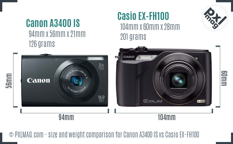 Canon A3400 IS vs Casio EX-FH100 size comparison Canon A3400 IS vs Casio EX-FH100 size comparison