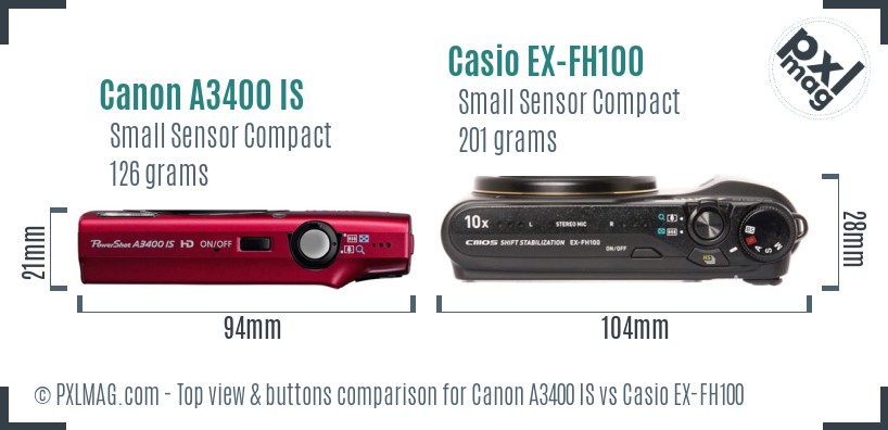 Canon A3400 IS vs Casio EX-FH100 top view buttons comparison