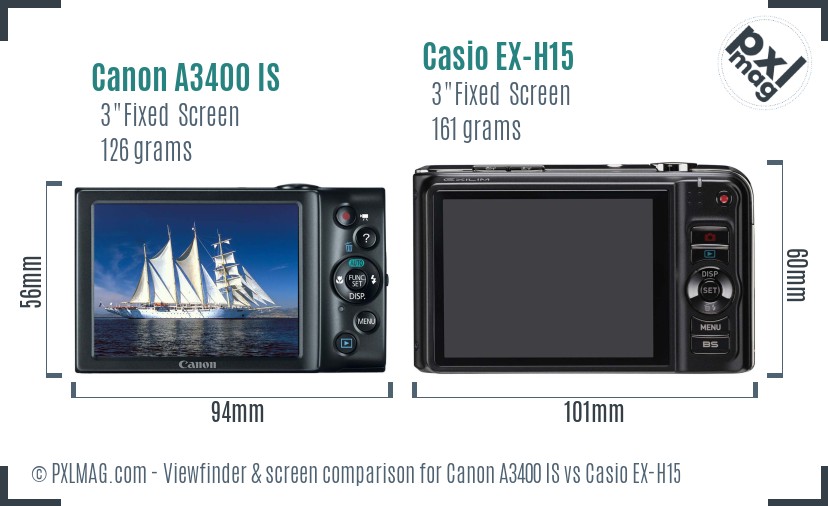 Canon A3400 IS vs Casio EX-H15 Screen and Viewfinder comparison