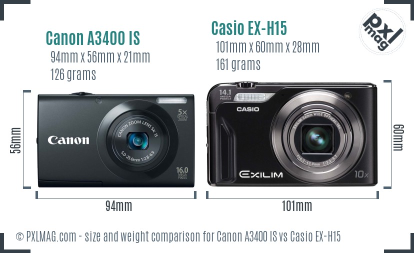 Canon A3400 IS vs Casio EX-H15 size comparison