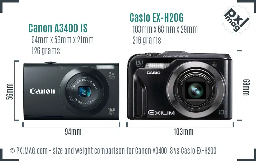 Canon A3400 IS vs Casio EX-H20G size comparison Canon A3400 IS vs Casio EX-H20G size comparison
